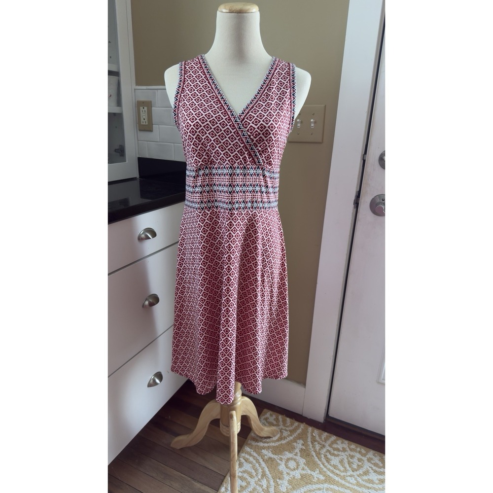 Max Studio Red & White Geo Jersey‎ Sleeveless Surplice A-Line Midi Dress XS